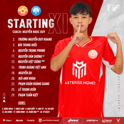 Đội hình xuất phát U17 PVF-CAND vs U17 Thép Xanh Nam Định